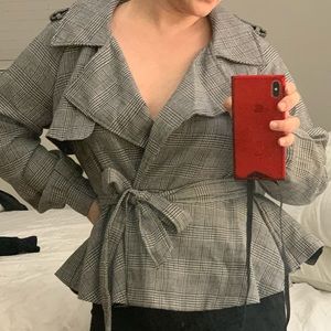 Houndstooth peplum trench jacket